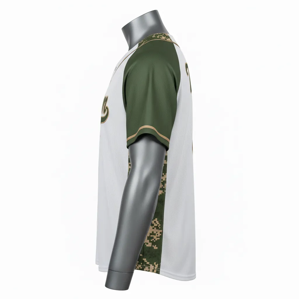 Custom Baseball Full Button Baseball Jersey - White, Green - Full Button Army Tan Camo Pattern Script - Side View - HAMCO Sports Inc.