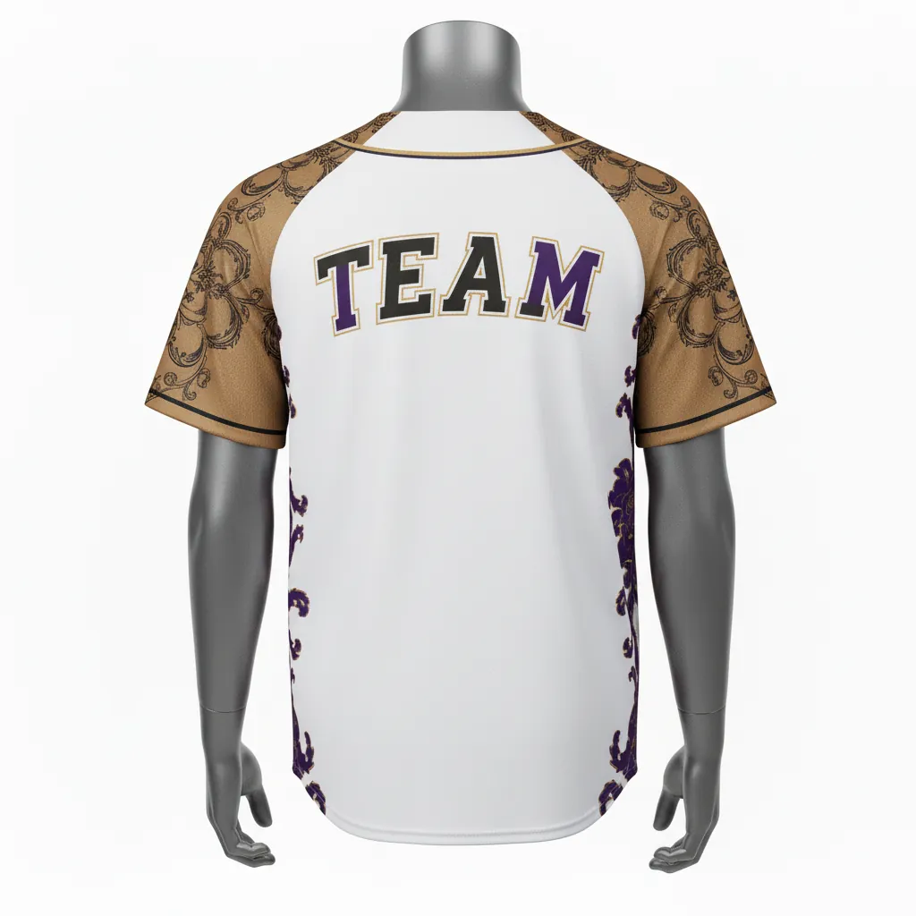 Custom Baseball Full Button Baseball Jersey - White, Black - Full Button Bronze Premium Accents Script - Back View - HAMCO Sports Inc.