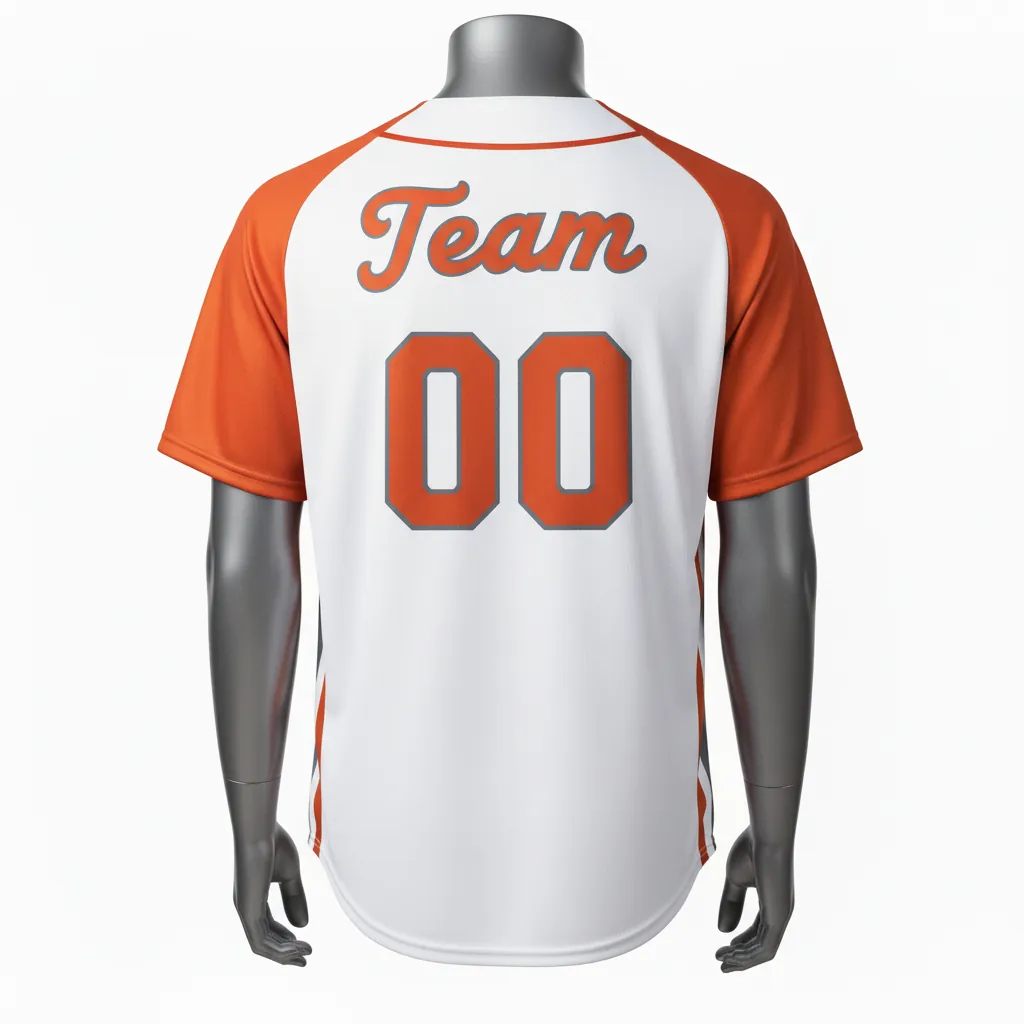 Custom Baseball Full Button Baseball Jersey - White, Burnt, Orange... - Full Button Side Panel Block Script - Back View - HAMCO Sports Inc.