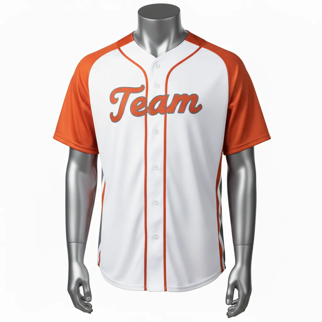 Custom Baseball Full Button Baseball Jersey - White, Burnt, Orange... - Full Button Side Panel Block Script - Front View - HAMCO Sports Inc.