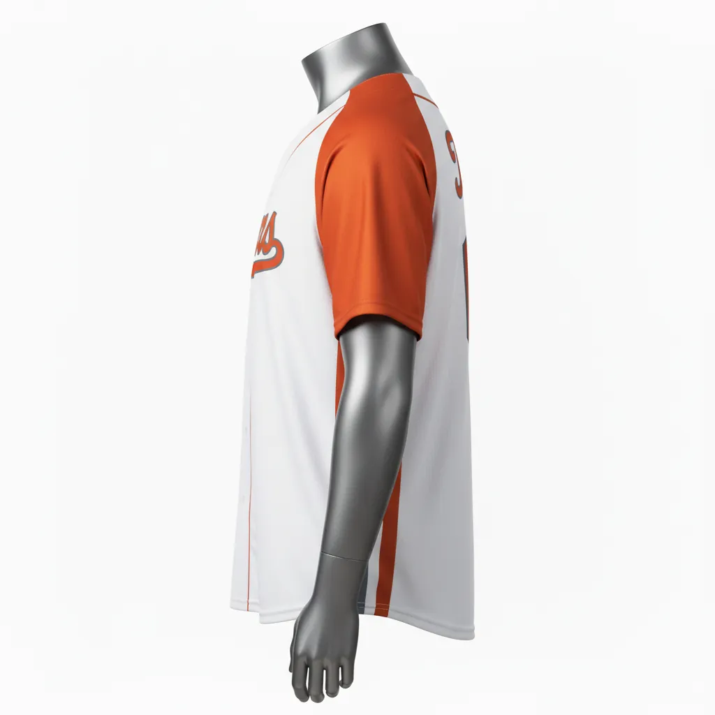 Custom Baseball Full Button Baseball Jersey - White, Burnt, Orange... - Full Button Side Panel Block Script - Side View - HAMCO Sports Inc.