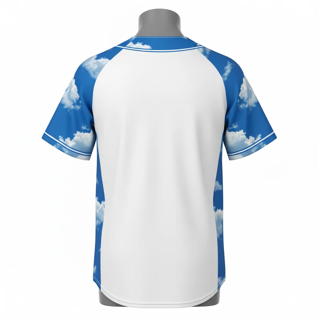 Custom Baseball Full Button Baseball Jersey - White, White - Full Button Cerulean Sky Clouds Script - Back View - HAMCO Sports Inc.