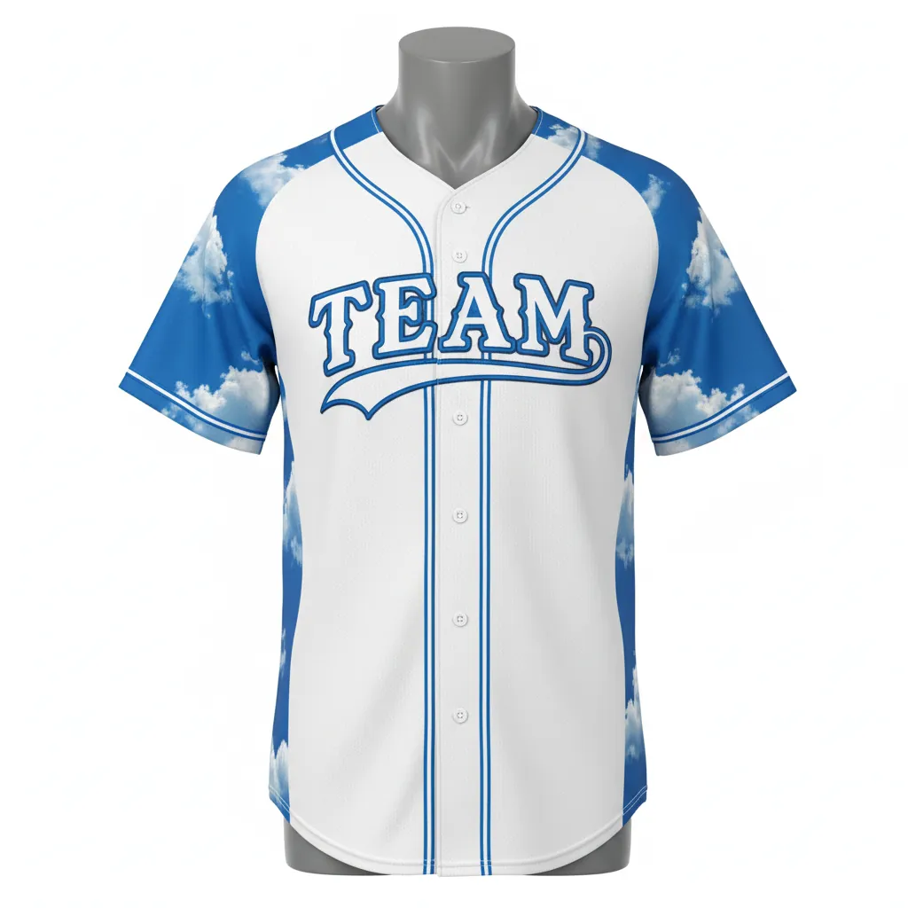 Custom Baseball Full Button Baseball Jersey - White, White - Full Button Cerulean Sky Clouds Script - Front View - HAMCO Sports Inc.
