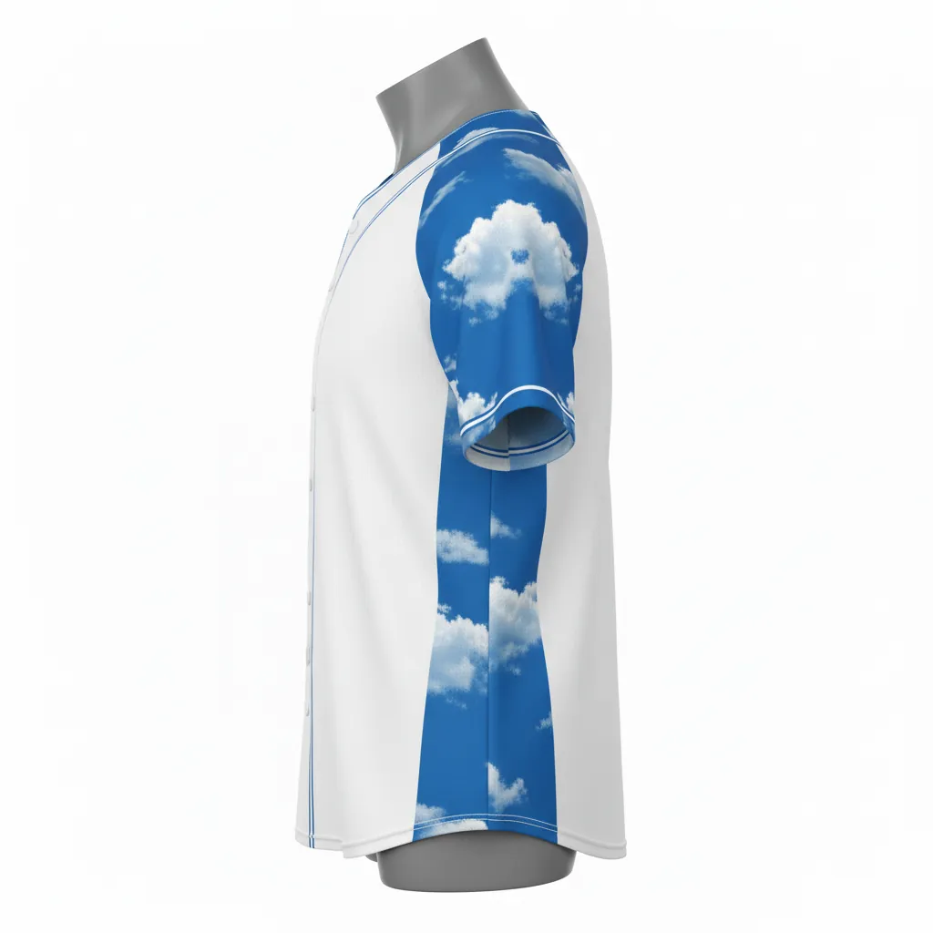 Custom Baseball Full Button Baseball Jersey - White, White - Full Button Cerulean Sky Clouds Script - Side View - HAMCO Sports Inc.