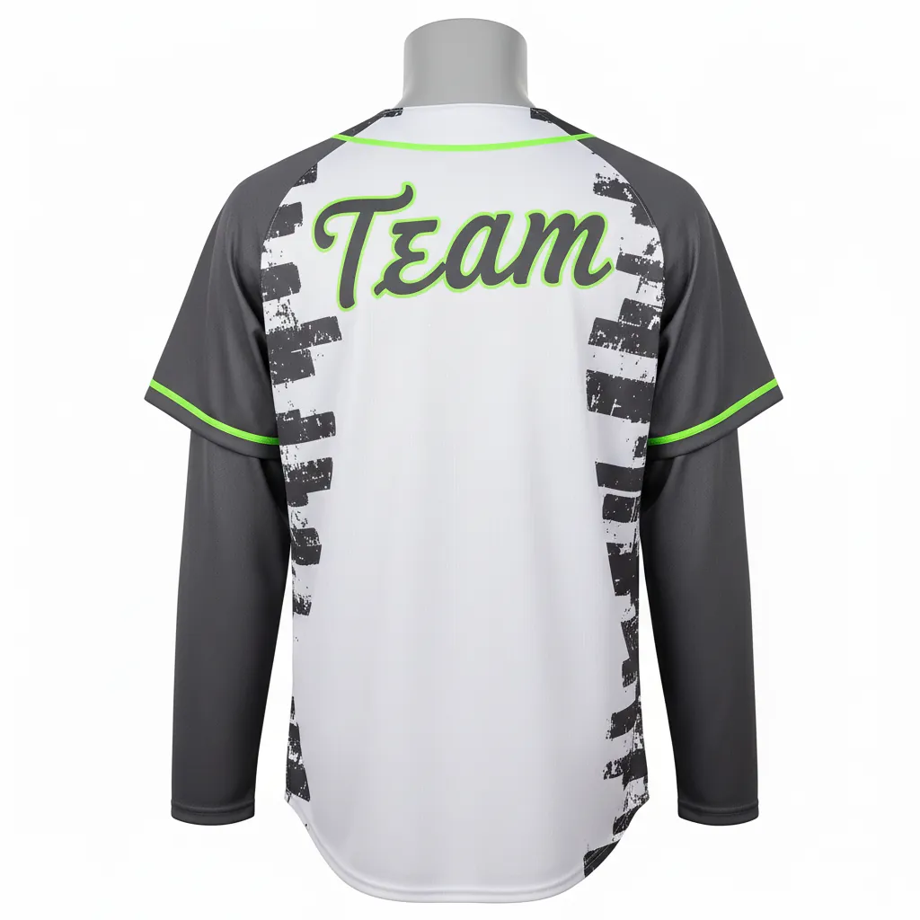 Custom Baseball Full Button Baseball Jersey - White, Green - Full Button Charcoal Neon Urban Blocks Script - Back View - HAMCO Sports Inc.