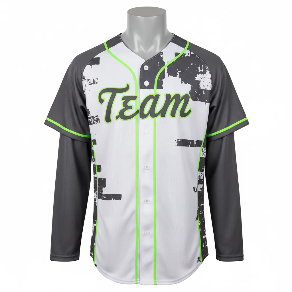 Custom Baseball Full Button Baseball Jersey - White, Green - Full Button Charcoal Neon Urban Blocks Script - Front View - HAMCO Sports Inc.