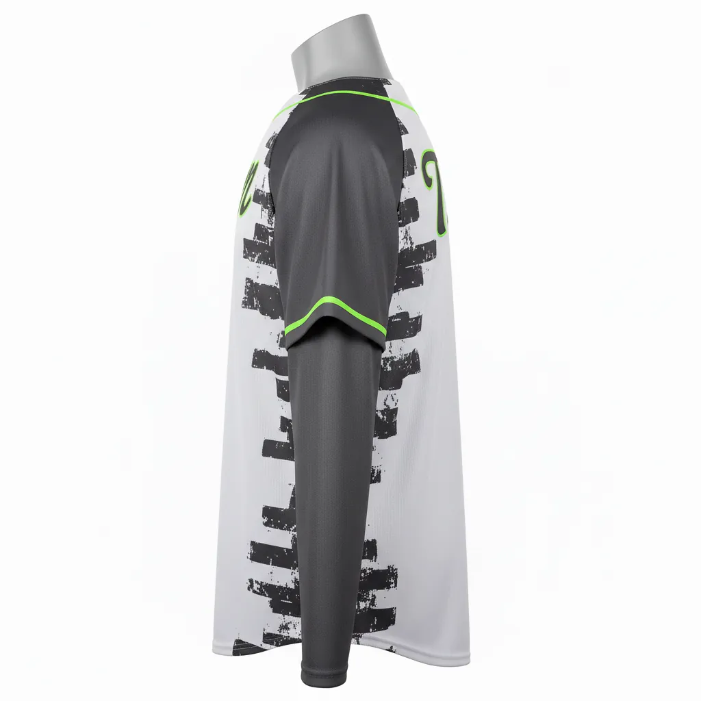 Custom Baseball Full Button Baseball Jersey - White, Green - Full Button Charcoal Neon Urban Blocks Script - Side View - HAMCO Sports Inc.