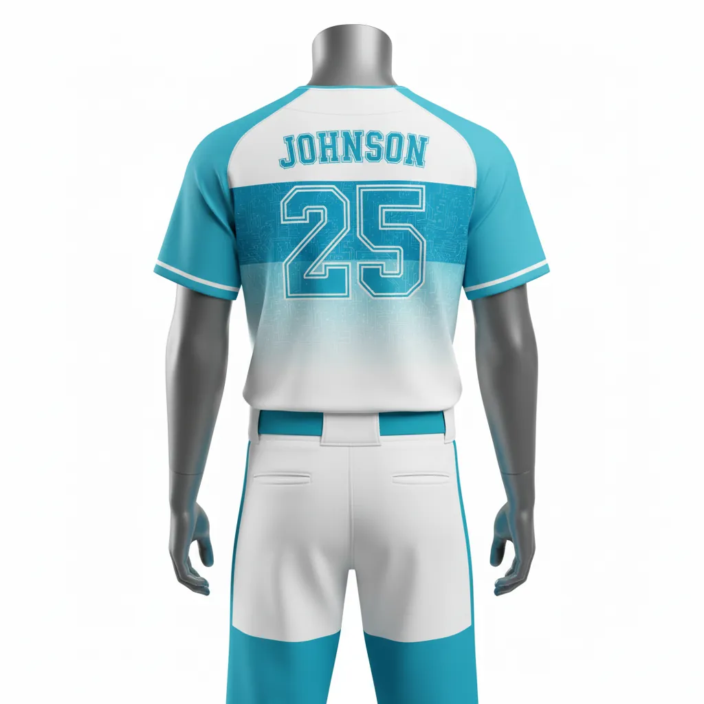 Custom Baseball Full Button Baseball Uniform Set - White - Button Baseball Uniform Aqua Circuit Chest Panel Fade - Back View - HAMCO Sports Inc.