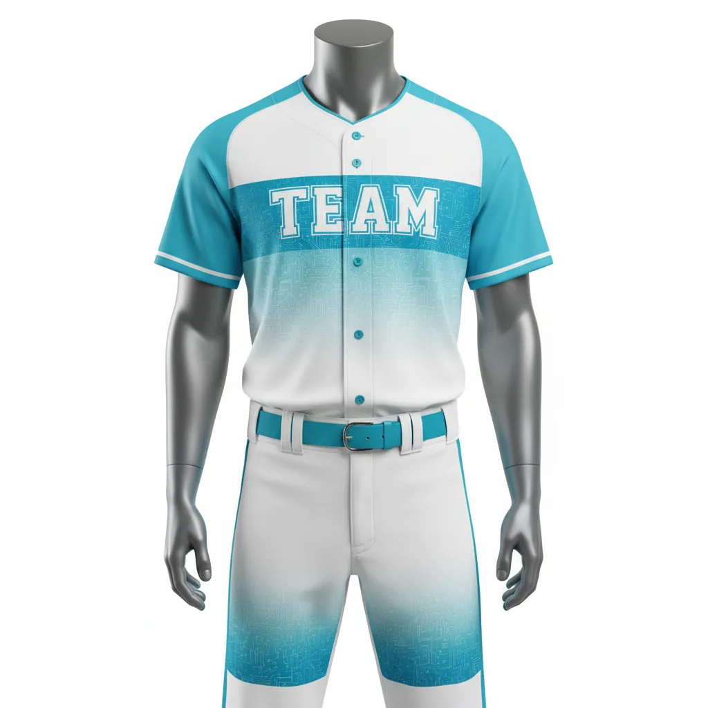 Custom Baseball Full Button Baseball Uniform Set - White - Button Baseball Uniform Aqua Circuit Chest Panel Fade - Front View - HAMCO Sports Inc.