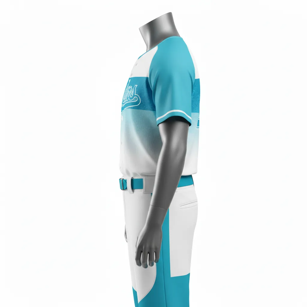 Custom Baseball Full Button Baseball Uniform Set - White - Button Baseball Uniform Aqua Circuit Chest Panel Fade - Side View - HAMCO Sports Inc.