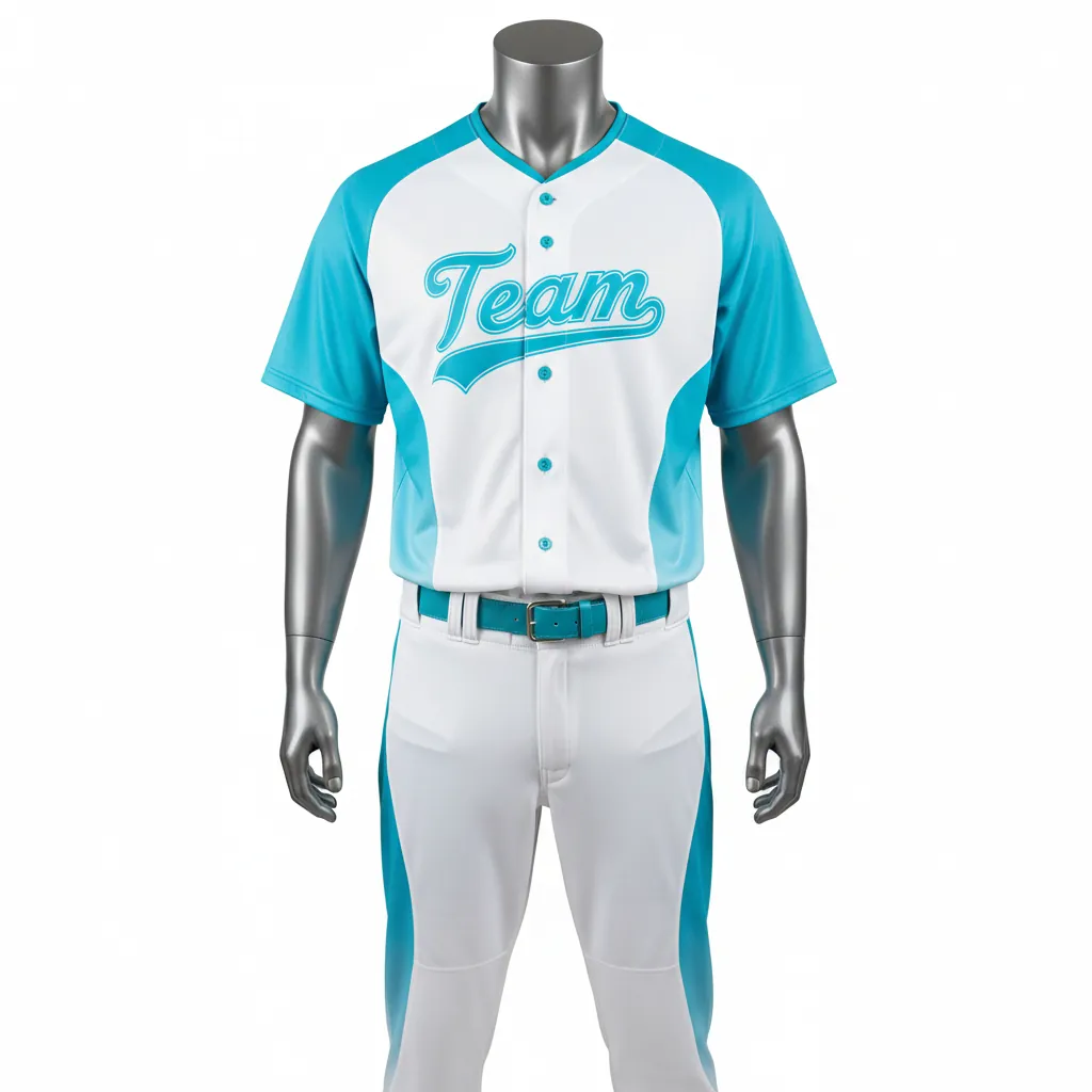 Custom Baseball Full Button Baseball Uniform Set - White - Button Baseball Uniform Aqua Curved Side Panels Fading - Front View - HAMCO Sports Inc.
