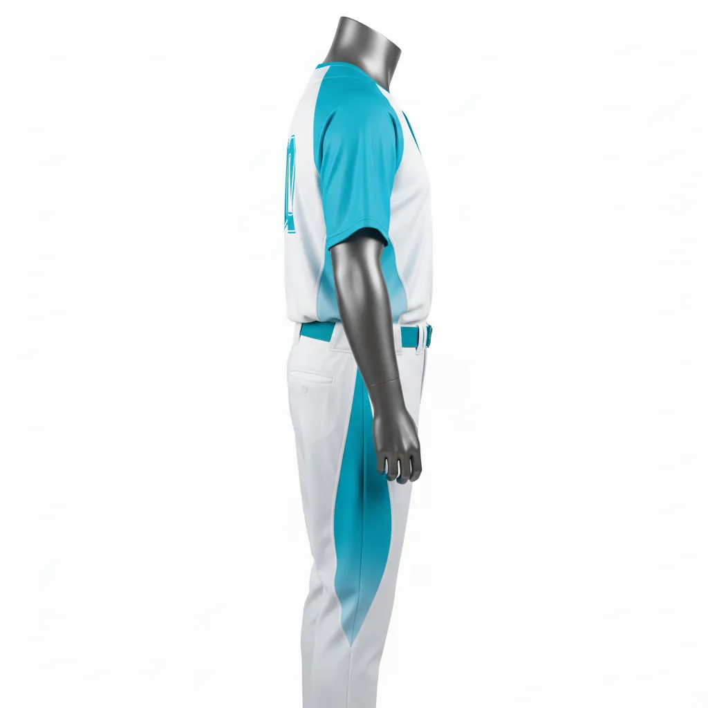 Custom Baseball Full Button Baseball Uniform Set - White - Button Baseball Uniform Aqua Curved Side Panels Fading - Side View - HAMCO Sports Inc.
