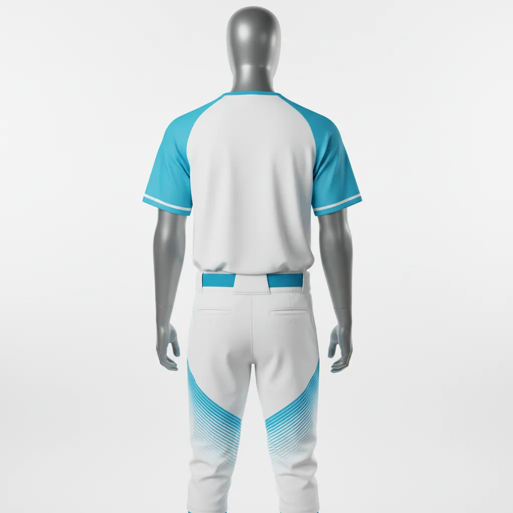 Custom Baseball Full Button Baseball Uniform Set - White - Button Baseball Uniform Aqua Diagonal Lines Diagonal Slash Fade - Back View - HAMCO Sports Inc.