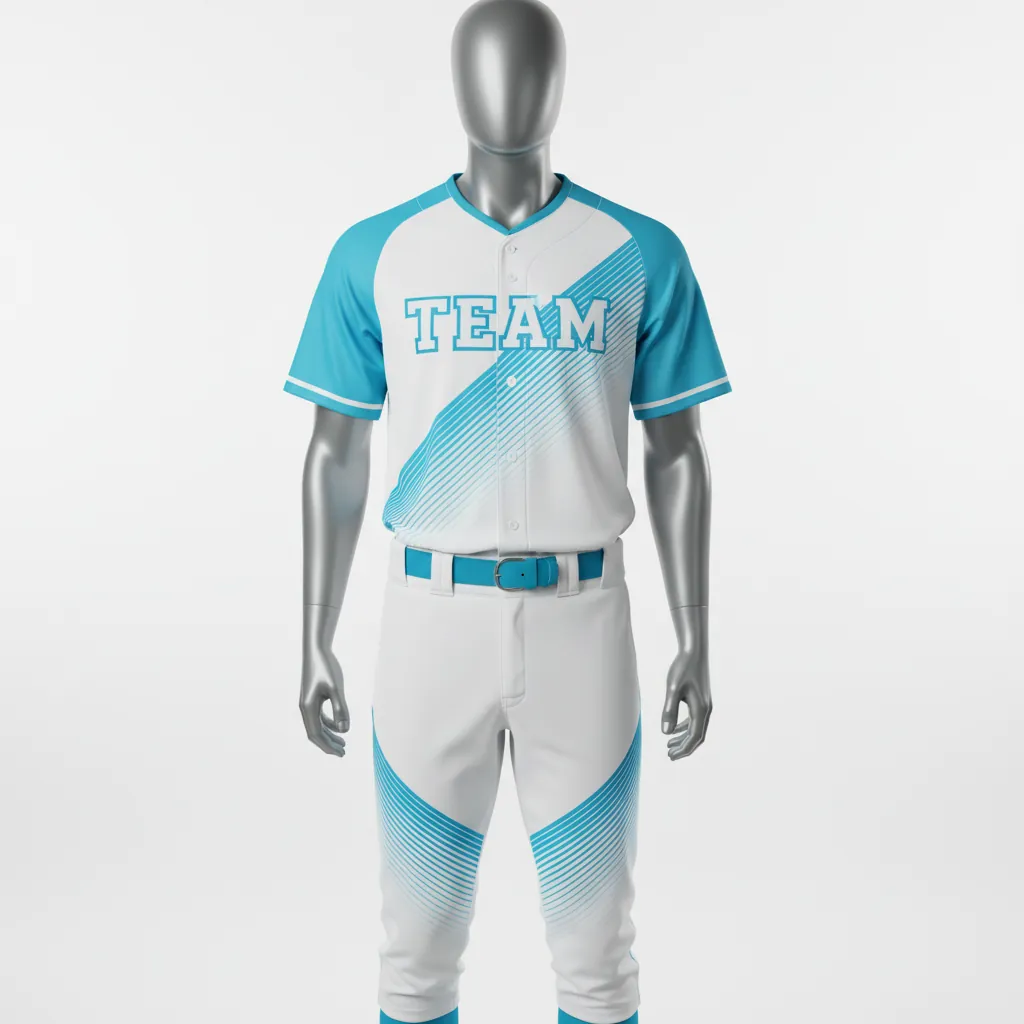 Custom Baseball Full Button Baseball Uniform Set - White - Button Baseball Uniform Aqua Diagonal Lines Diagonal Slash Fade - Front View - HAMCO Sports Inc.