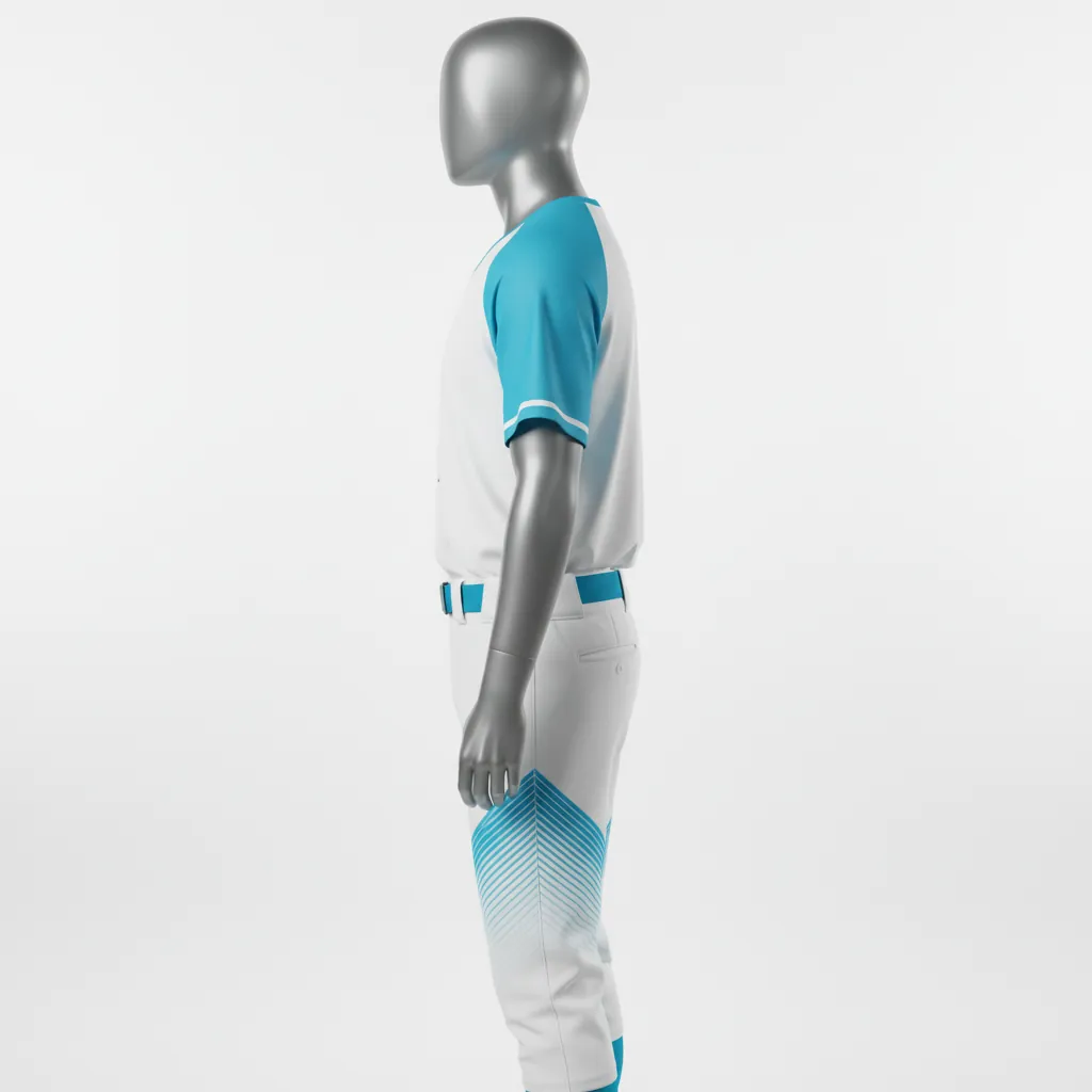 Custom Baseball Full Button Baseball Uniform Set - White - Button Baseball Uniform Aqua Diagonal Lines Diagonal Slash Fade - Side View - HAMCO Sports Inc.