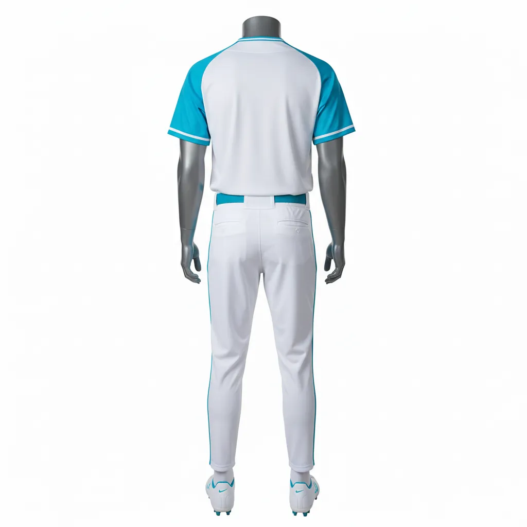 Custom Baseball Full Button Baseball Uniform Set - White - Button Baseball Uniform Aqua Diagonal Slash Panel Only - Back View - HAMCO Sports Inc.