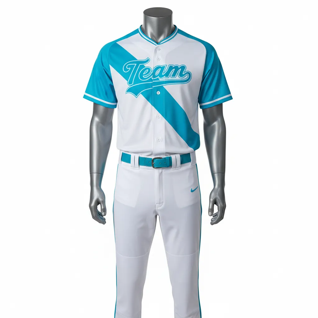Custom Baseball Full Button Baseball Uniform Set - White - Button Baseball Uniform Aqua Diagonal Slash Panel Only - Front View - HAMCO Sports Inc.