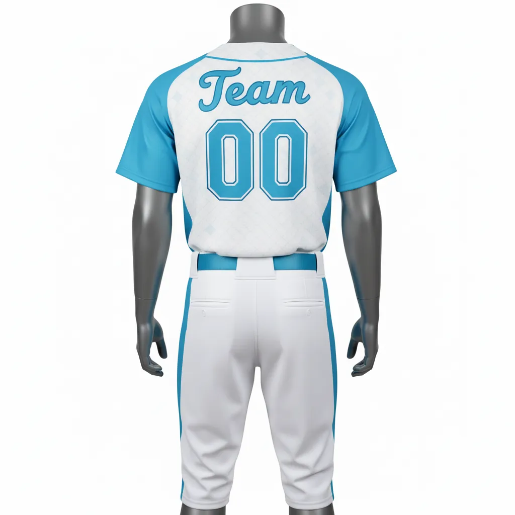 Custom Baseball Full Button Baseball Uniform Set - White - Button Baseball Uniform Aqua Diamond Curved Side Panels - Back View - HAMCO Sports Inc.