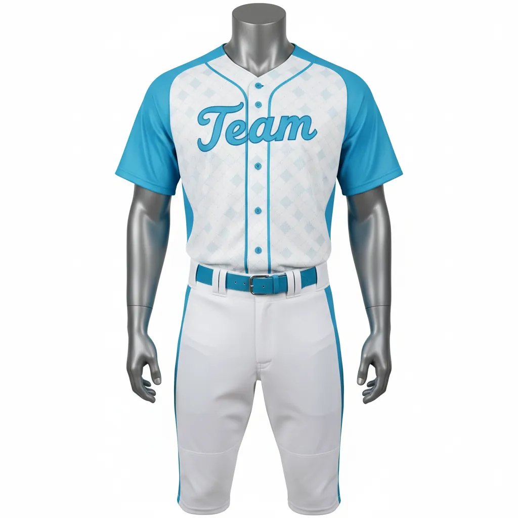 Custom Baseball Full Button Baseball Uniform Set - White - Button Baseball Uniform Aqua Diamond Curved Side Panels - Front View - HAMCO Sports Inc.