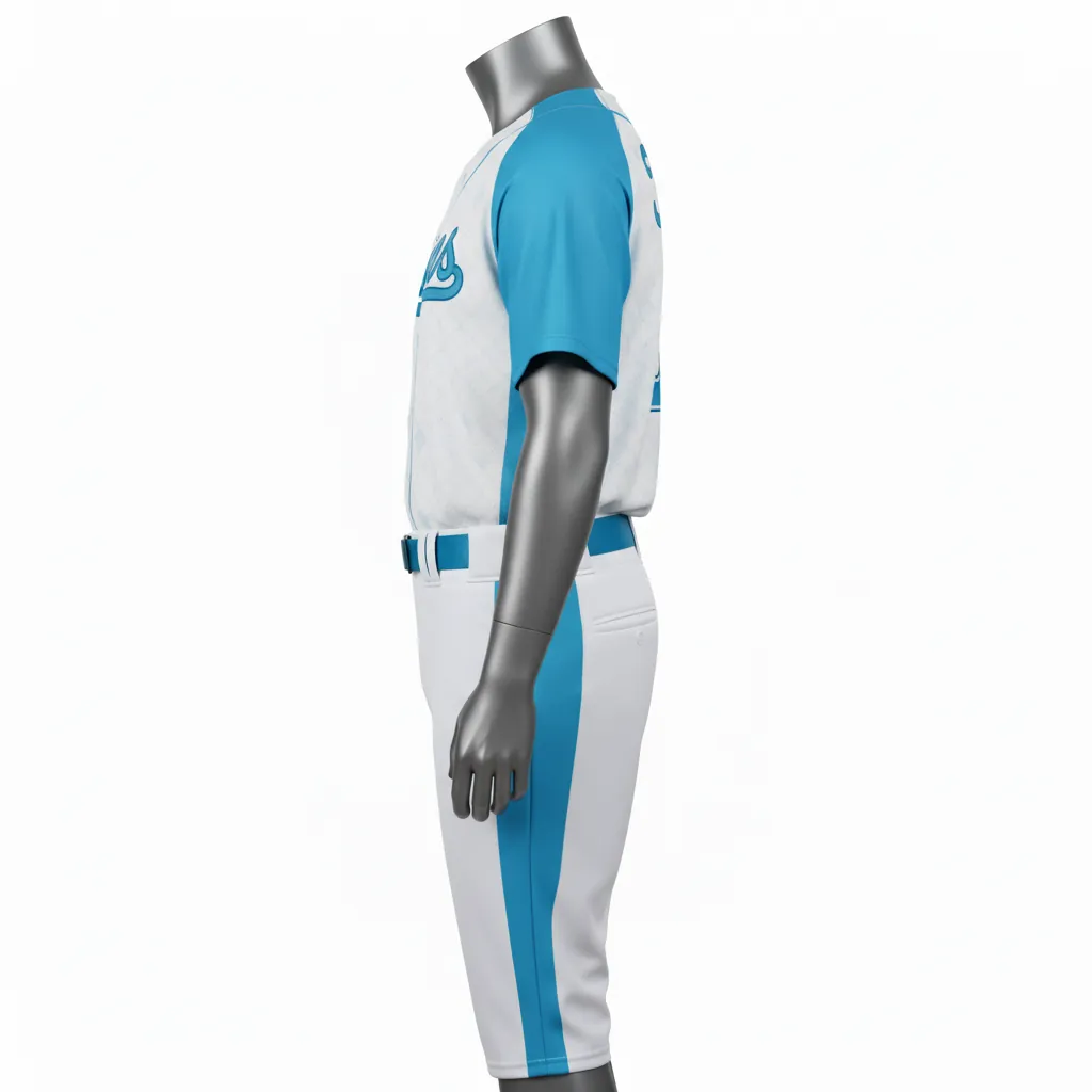 Custom Baseball Full Button Baseball Uniform Set - White - Button Baseball Uniform Aqua Diamond Curved Side Panels - Side View - HAMCO Sports Inc.