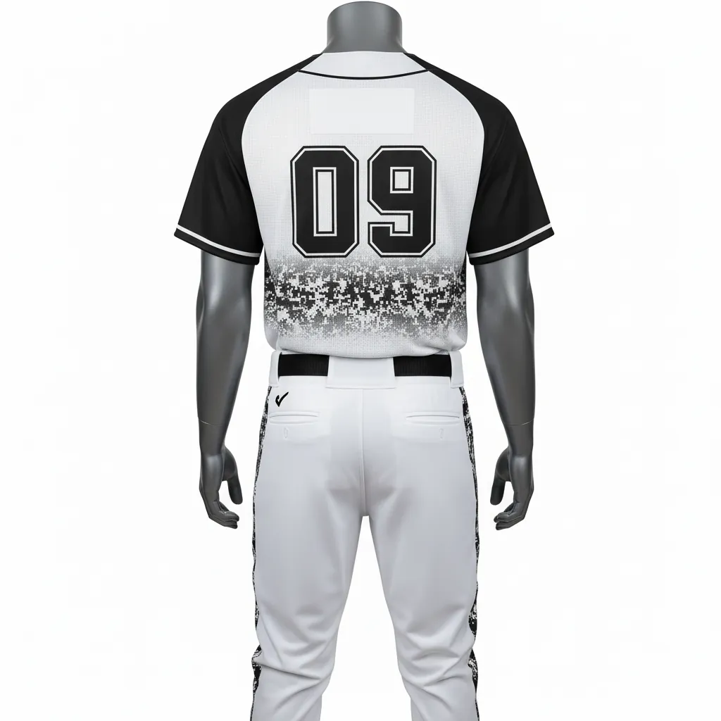 Custom Baseball Full Button Baseball Uniform Set - White, Black - Button Baseball Uniform Digital Camo Panel Fade - Back View - HAMCO Sports Inc.