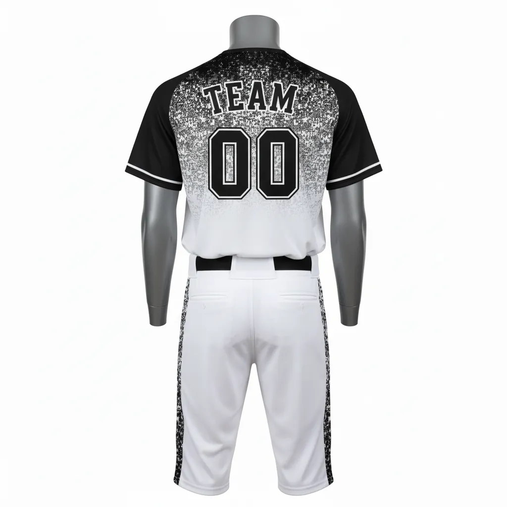 Custom Baseball Full Button Baseball Uniform Set - White, Black - Button Baseball Uniform Digital Camo Pattern Fade - Back View - HAMCO Sports Inc.