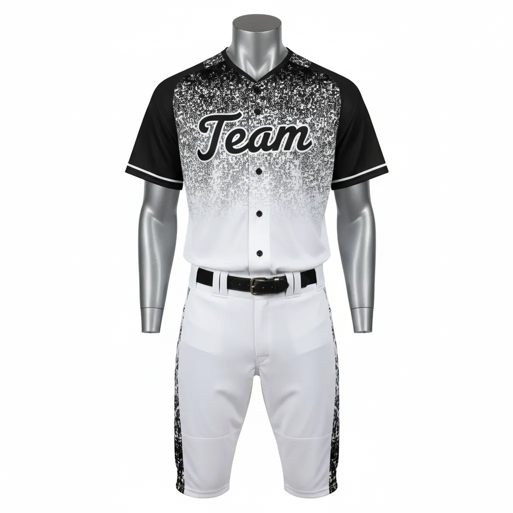 Custom Baseball Full Button Baseball Uniform Set - White, Black - Button Baseball Uniform Digital Camo Pattern Fade - Front View - HAMCO Sports Inc.