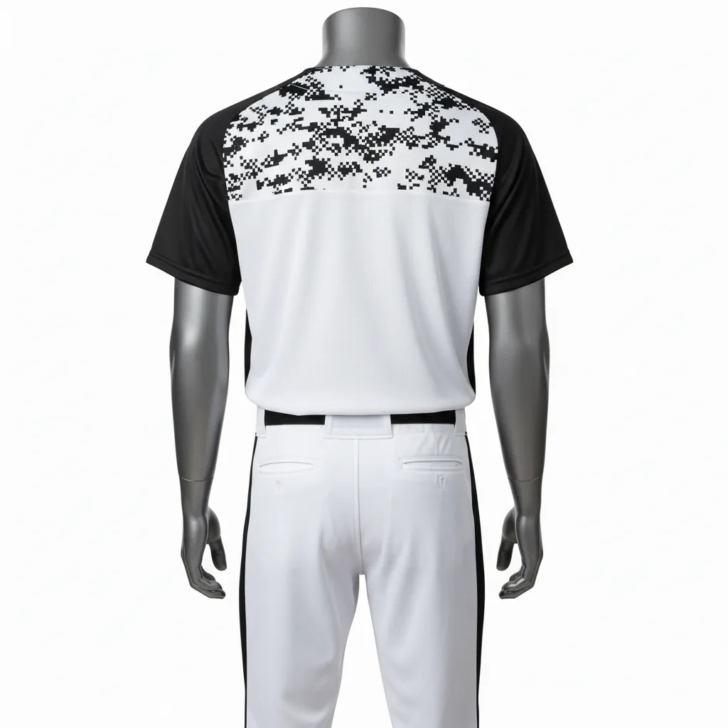 Custom Baseball Full Button Baseball Uniform Set - White, Black - Button Baseball Uniform Digital Camo Pattern Side Panels - Back View - HAMCO Sports Inc.