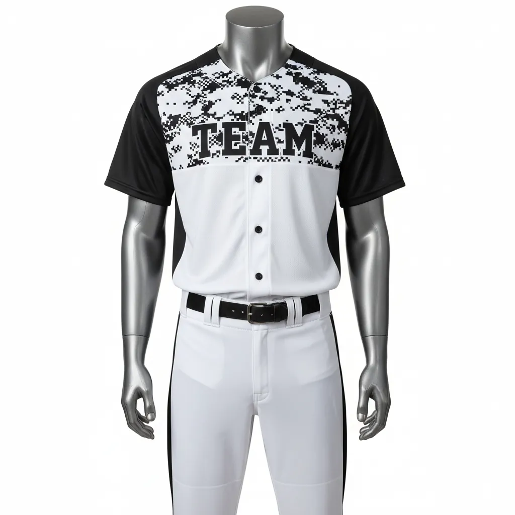 Custom Baseball Full Button Baseball Uniform Set - White, Black - Button Baseball Uniform Digital Camo Pattern Side Panels - Front View - HAMCO Sports Inc.