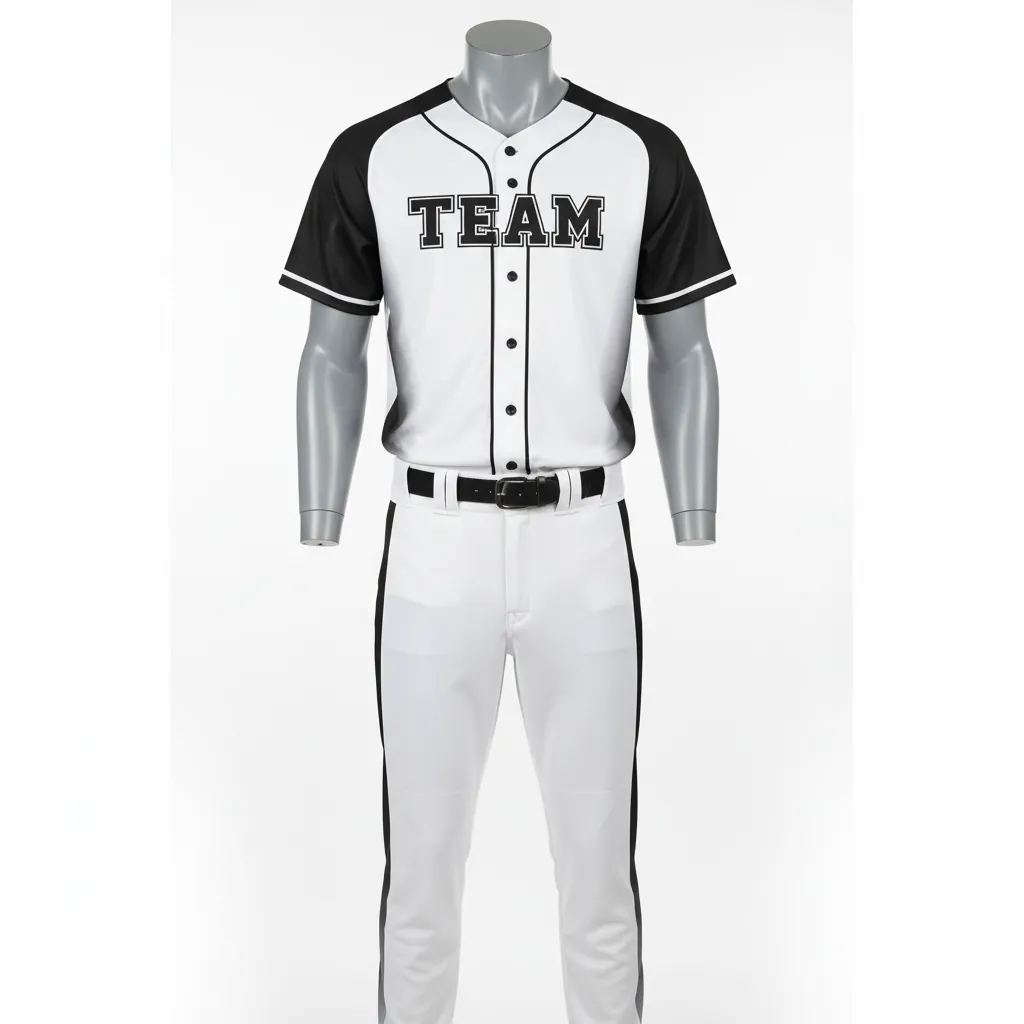 Custom Baseball Full Button Baseball Uniform Set - White, Black - Button Baseball Uniform Side Panels Fading - Front View - HAMCO Sports Inc.