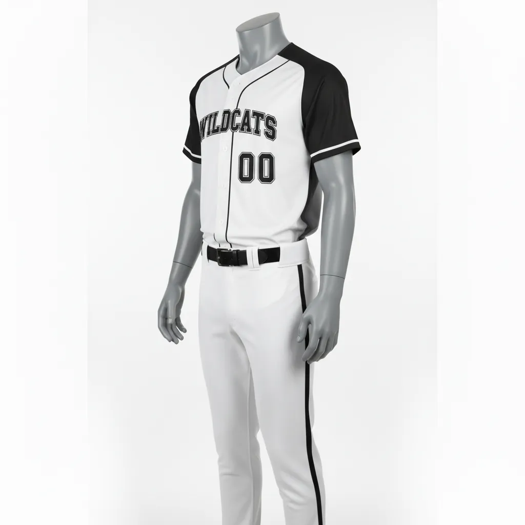Custom Baseball Full Button Baseball Uniform Set - White, Black - Button Baseball Uniform Side Panels Fading - Side View - HAMCO Sports Inc.