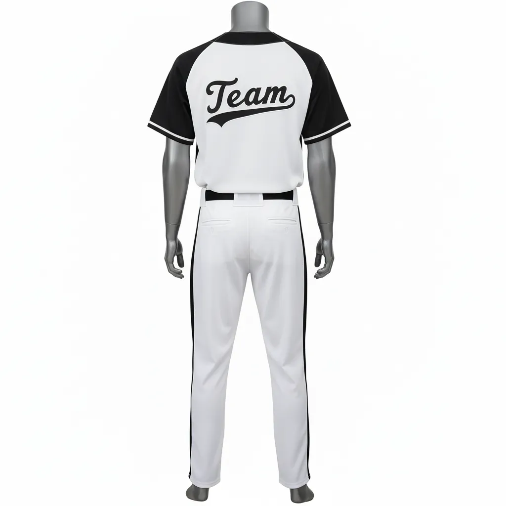 Custom Baseball Full Button Baseball Uniform Set - White, Black - Button Baseball Uniform Side Panels Solid Only - Back View - HAMCO Sports Inc.