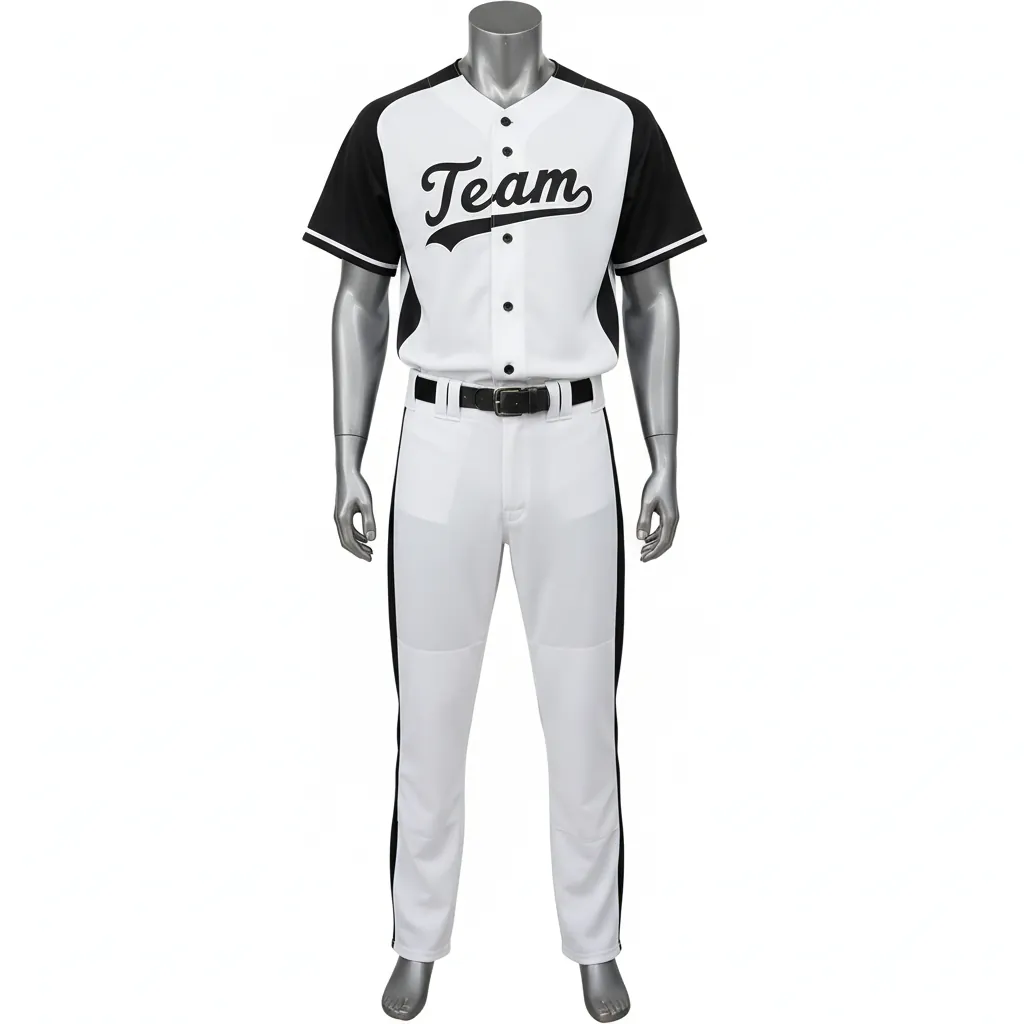 Custom Baseball Full Button Baseball Uniform Set - White, Black - Button Baseball Uniform Side Panels Solid Only - Front View - HAMCO Sports Inc.