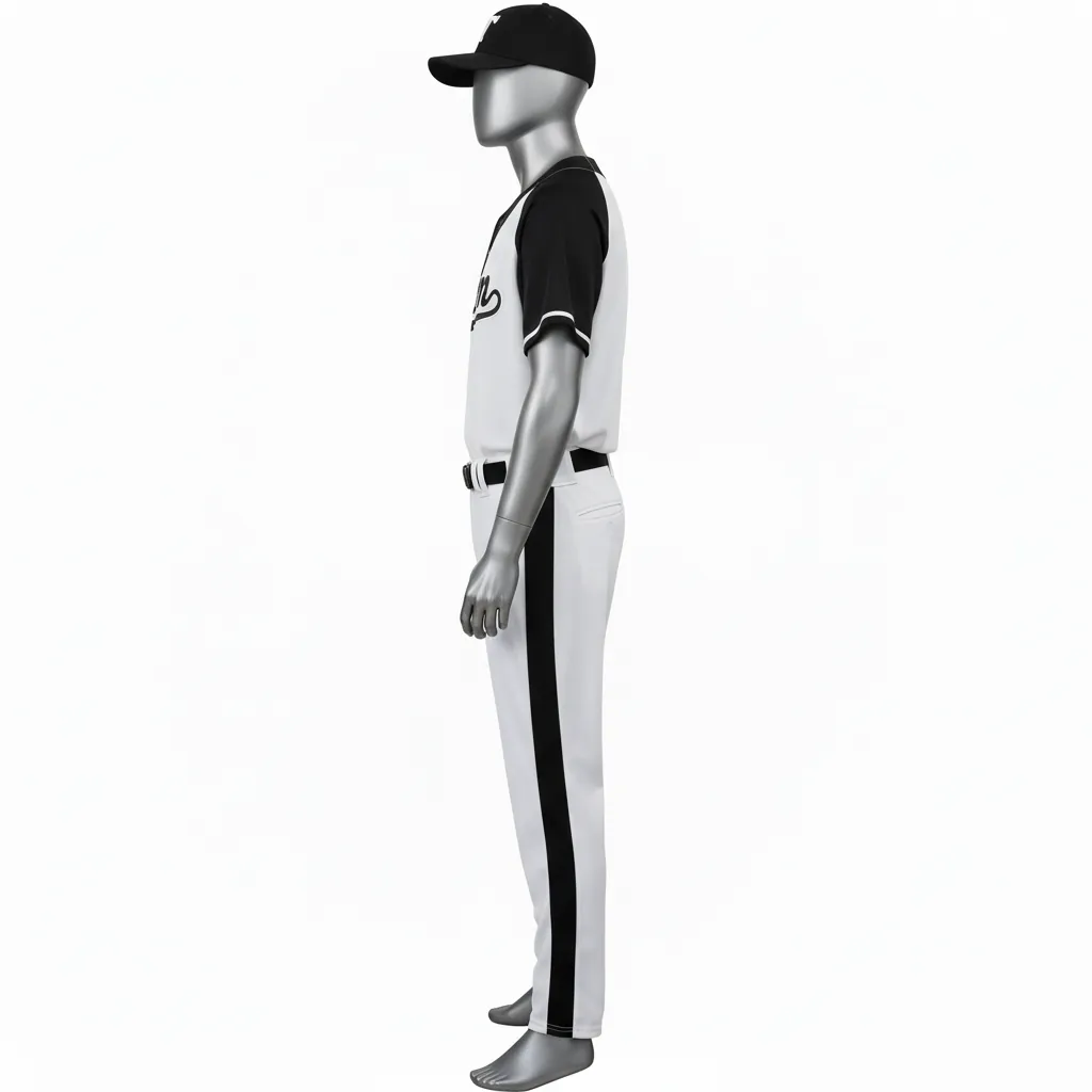 Custom Baseball Full Button Baseball Uniform Set - White, Black - Button Baseball Uniform Side Panels Solid Only - Side View - HAMCO Sports Inc.