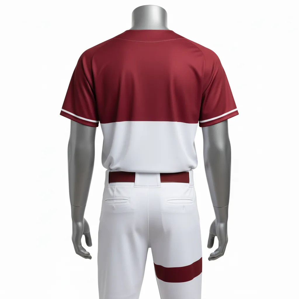 Custom Baseball Full Button Baseball Uniform Set - White, Burgundy - Button Baseball Uniform Chest Panel Only - Back View - HAMCO Sports Inc.