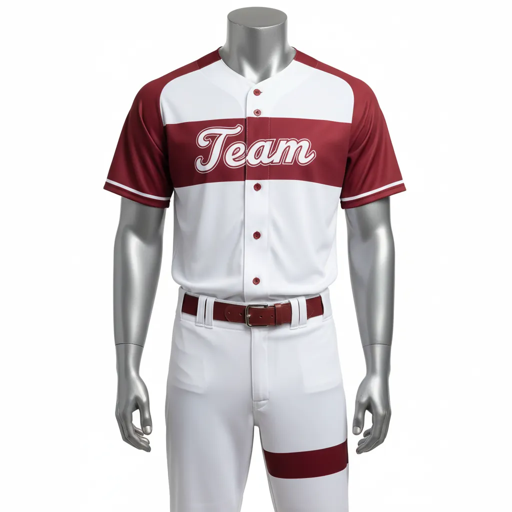 Custom Baseball Full Button Baseball Uniform Set - White, Burgundy - Button Baseball Uniform Chest Panel Only - Front View - HAMCO Sports Inc.