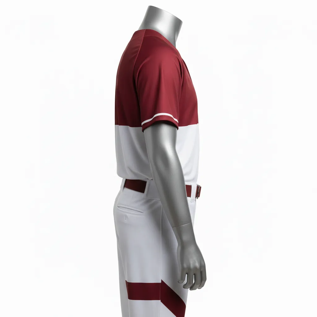 Custom Baseball Full Button Baseball Uniform Set - White, Burgundy - Button Baseball Uniform Chest Panel Only - Side View - HAMCO Sports Inc.