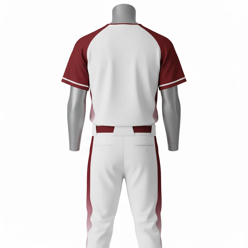 Custom Baseball Full Button Baseball Uniform Set - White, Burgundy - Button Baseball Uniform Curved Side Panels Fading - Back View - HAMCO Sports Inc.