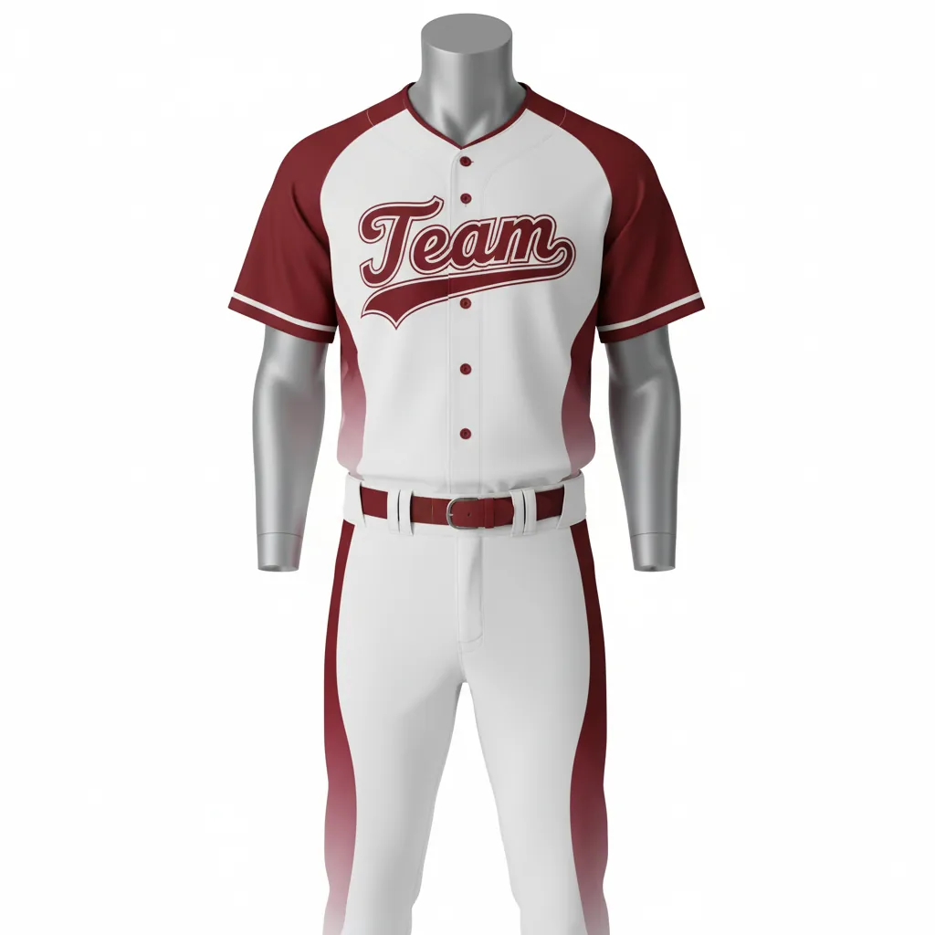 Custom Baseball Full Button Baseball Uniform Set - White, Burgundy - Button Baseball Uniform Curved Side Panels Fading - Front View - HAMCO Sports Inc.