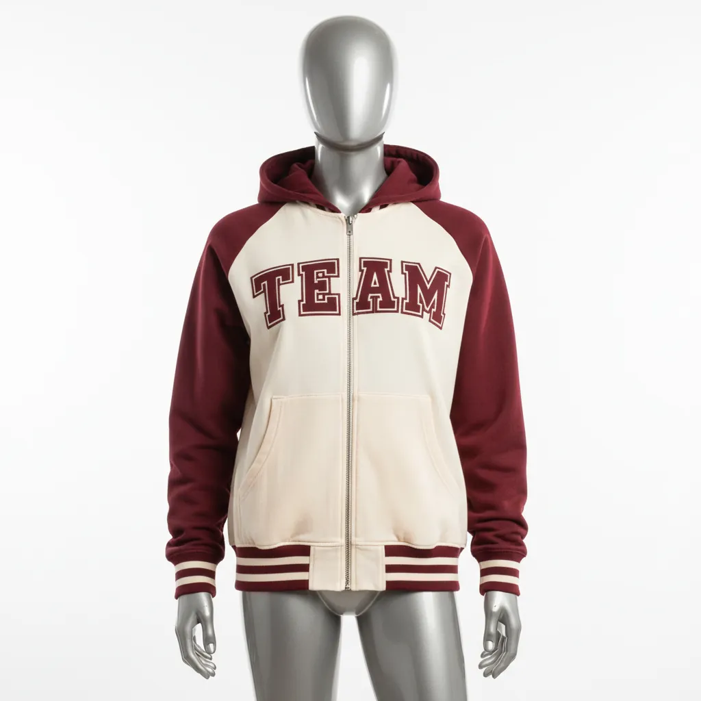Custom Baseball Full Zip Baseball Hoodie - Cream, Burgundy - Fullzip Hoodie Varsity Retro - Front View - HAMCO Sports Inc.