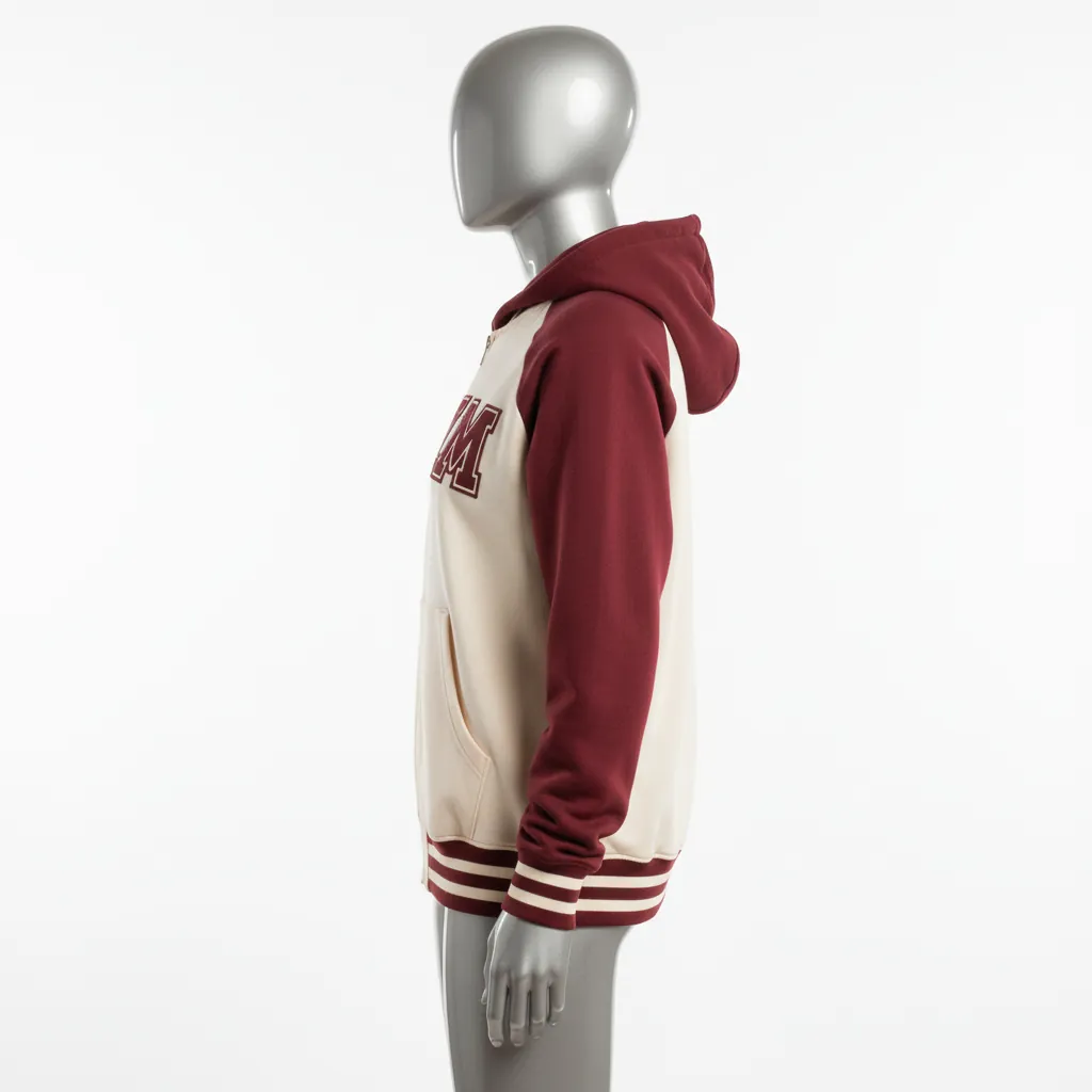 Custom Baseball Full Zip Baseball Hoodie - Cream, Burgundy - Fullzip Hoodie Varsity Retro - Side View - HAMCO Sports Inc.