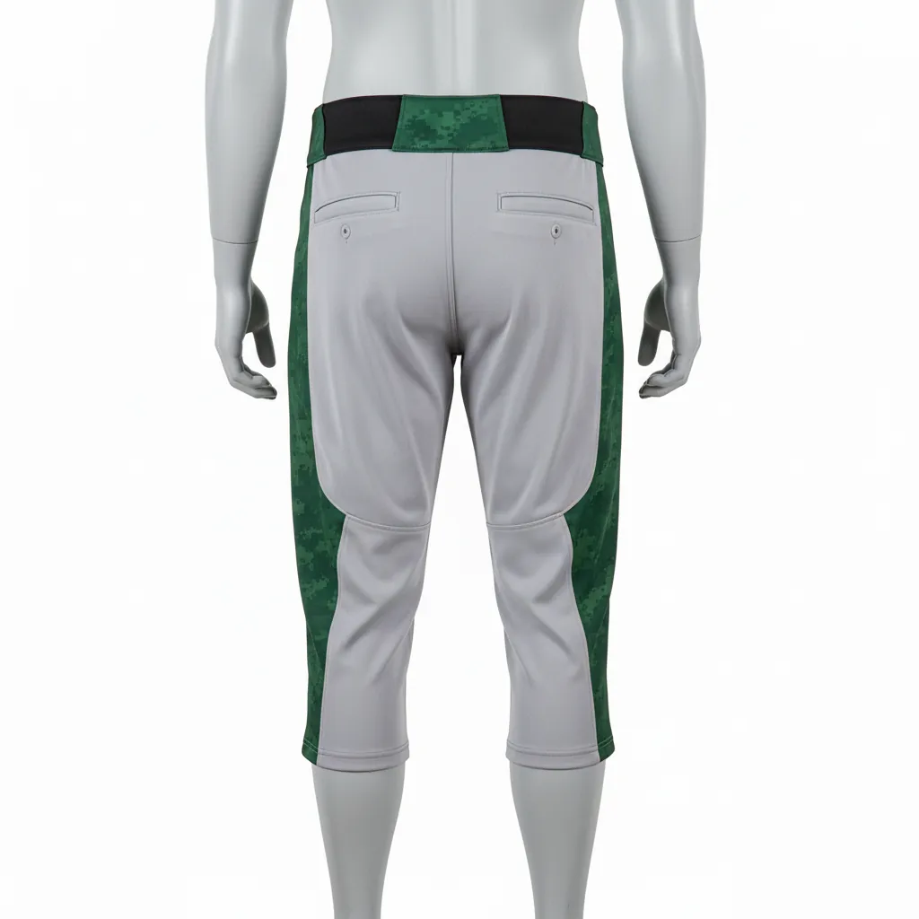 Custom Baseball Knicker Style Baseball Pant - Gray, Green - Knicker Pant Forest Digital Camo Side Panel - Back View - HAMCO Sports Inc.