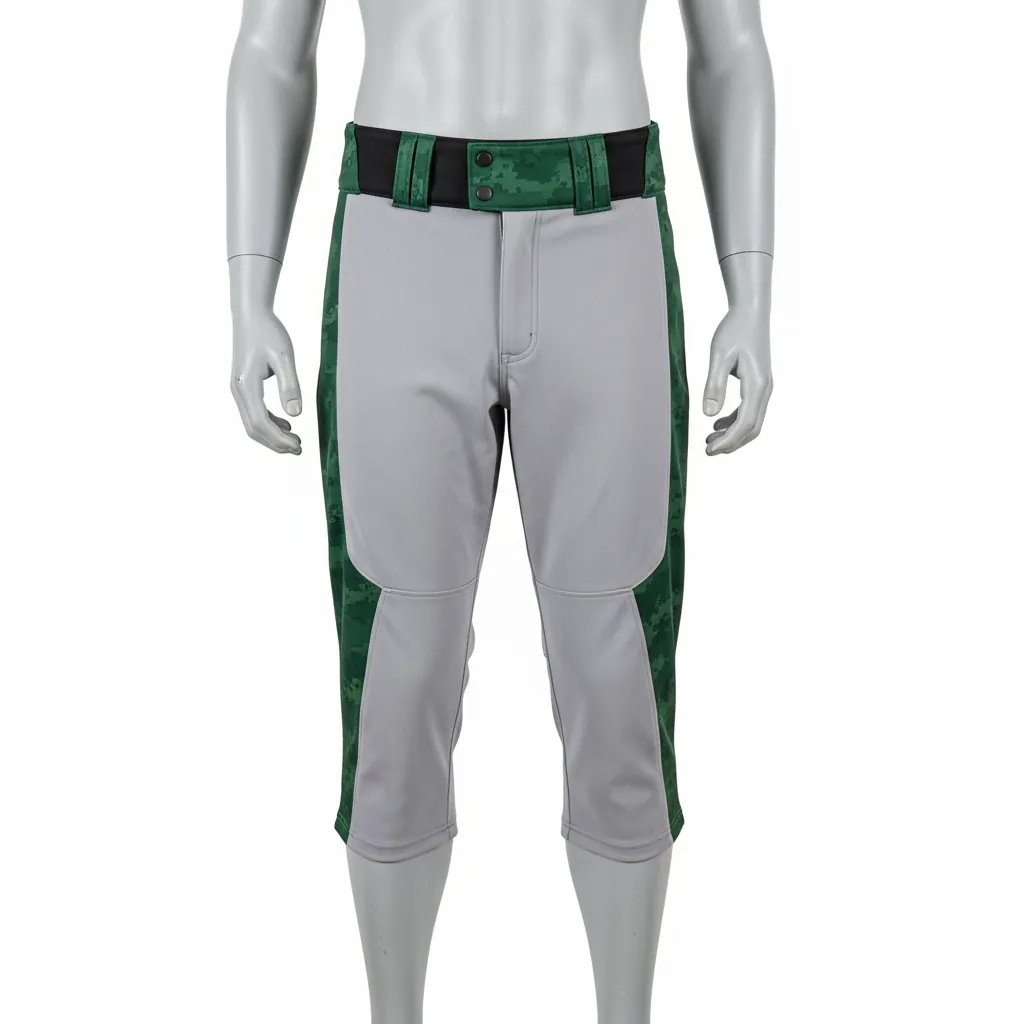 Custom Baseball Knicker Style Baseball Pant - Gray, Green - Knicker Pant Forest Digital Camo Side Panel - Front View - HAMCO Sports Inc.