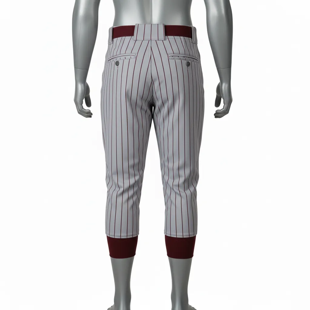 Custom Baseball Knicker Style Baseball Pant - Gray - Knicker Pant Maroon Pinstripe - Back View - HAMCO Sports Inc.