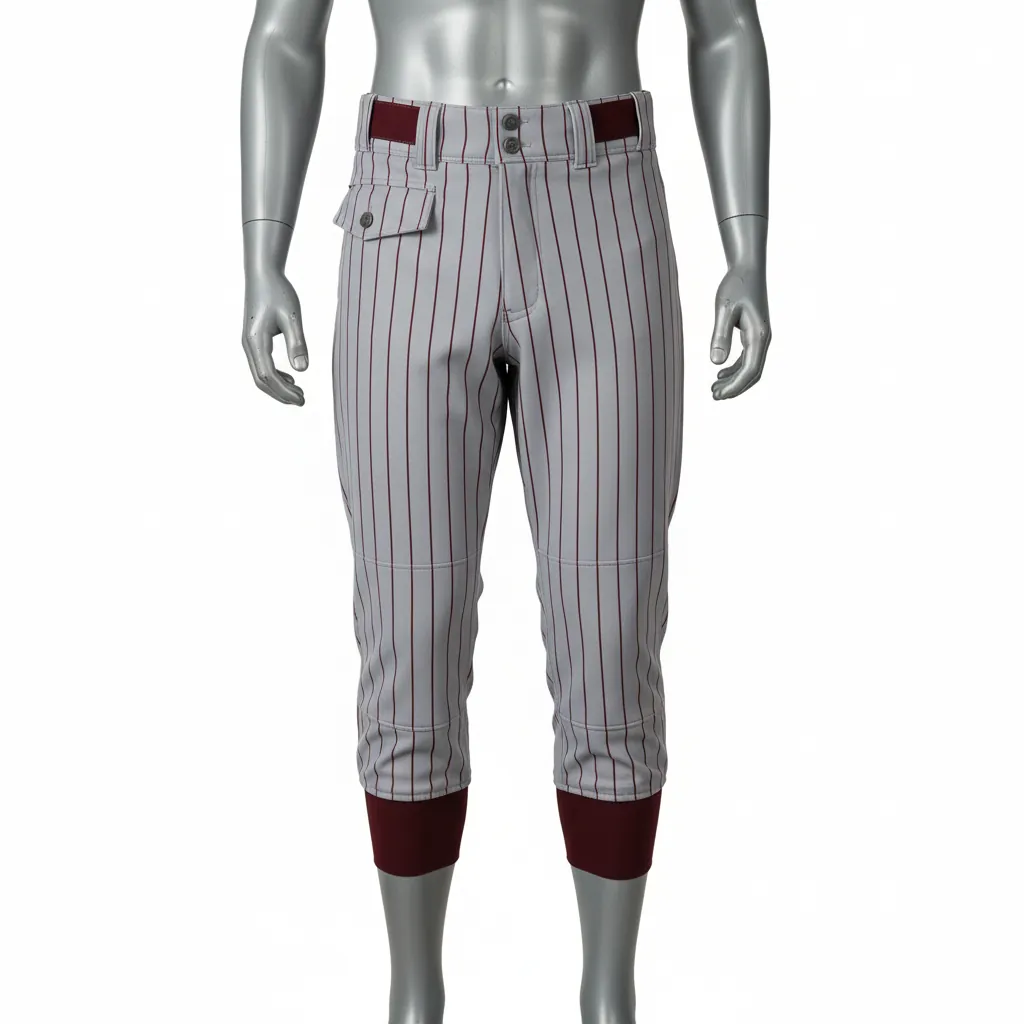 Custom Baseball Knicker Style Baseball Pant - Gray - Knicker Pant Maroon Pinstripe - Front View - HAMCO Sports Inc.