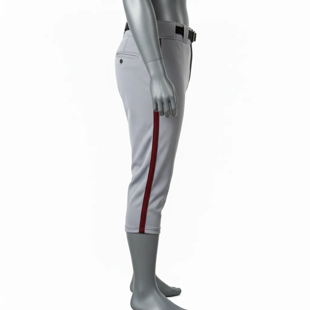 Custom Baseball Knicker Style Baseball Pant - Gray - Knicker Pant Maroon Single Piped - Side View - HAMCO Sports Inc.
