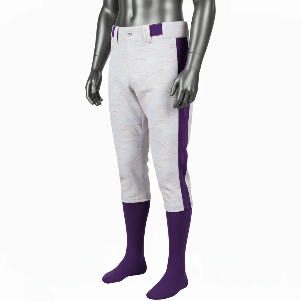Custom Baseball Knicker Style Baseball Pant - Gray, Purple - Knicker Pant Diagonal Lines Side Panel - Front View - HAMCO Sports Inc.