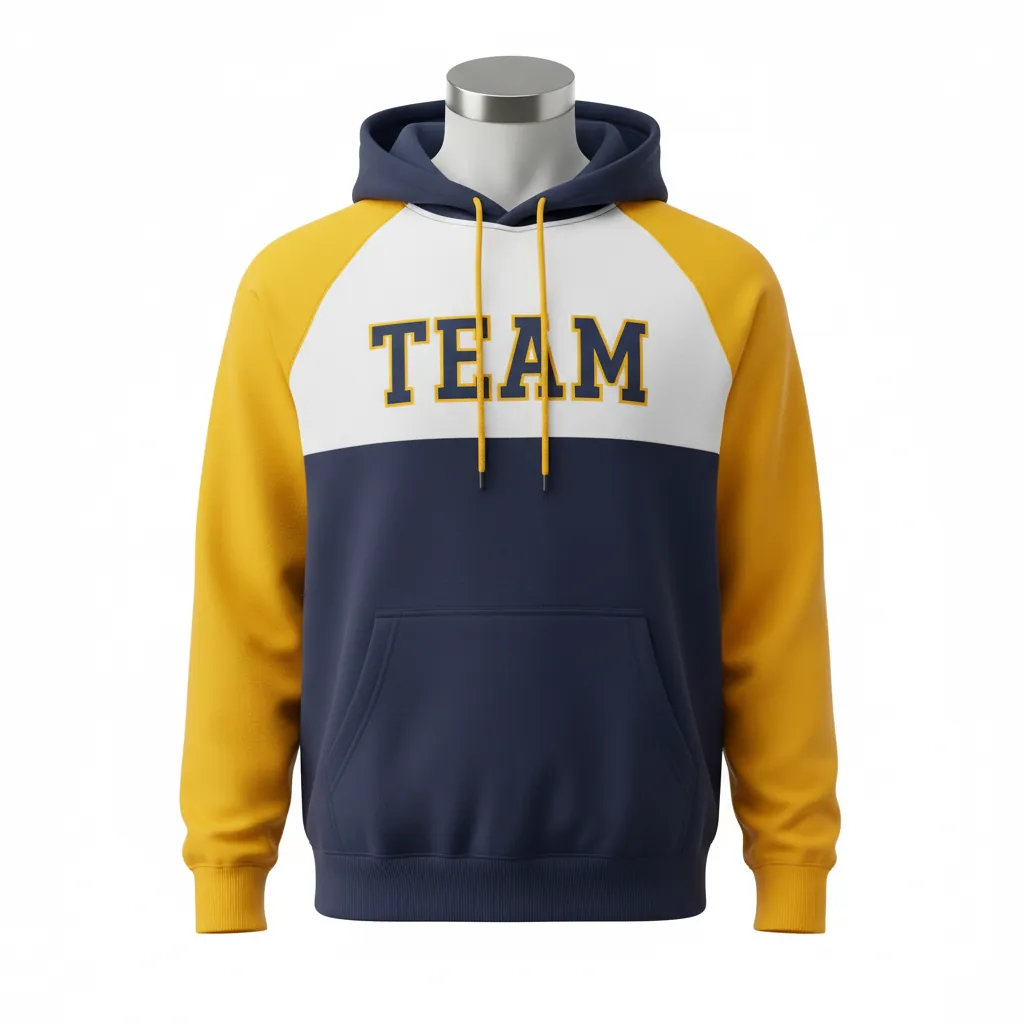 Custom Baseball Pullover Baseball Hoodie - Navy, Yellow, White - Pullover Hoodie Colorblock - Front View - HAMCO Sports Inc.