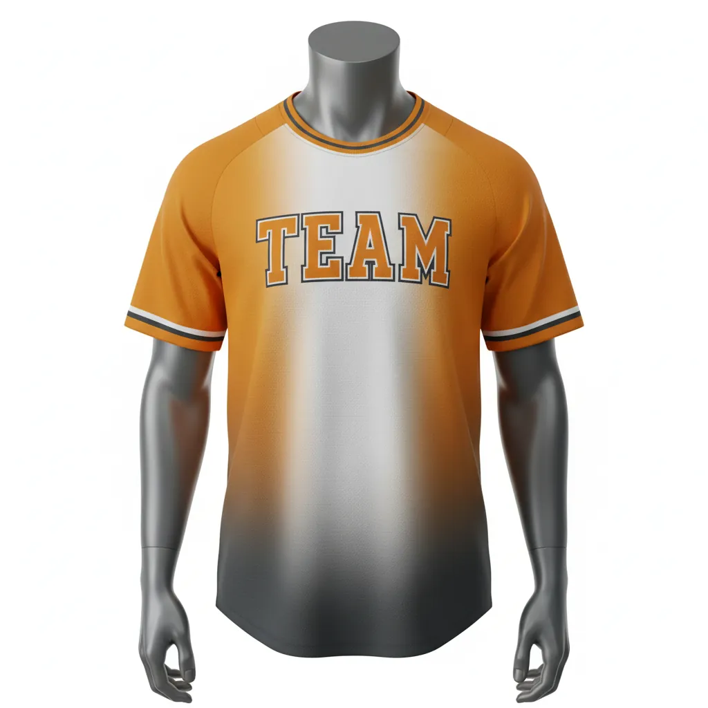 Custom Baseball Round Neck Baseball Jersey - White - Roundneck Amber Charcoal Sunset Gradient Block - Front View - HAMCO Sports Inc.