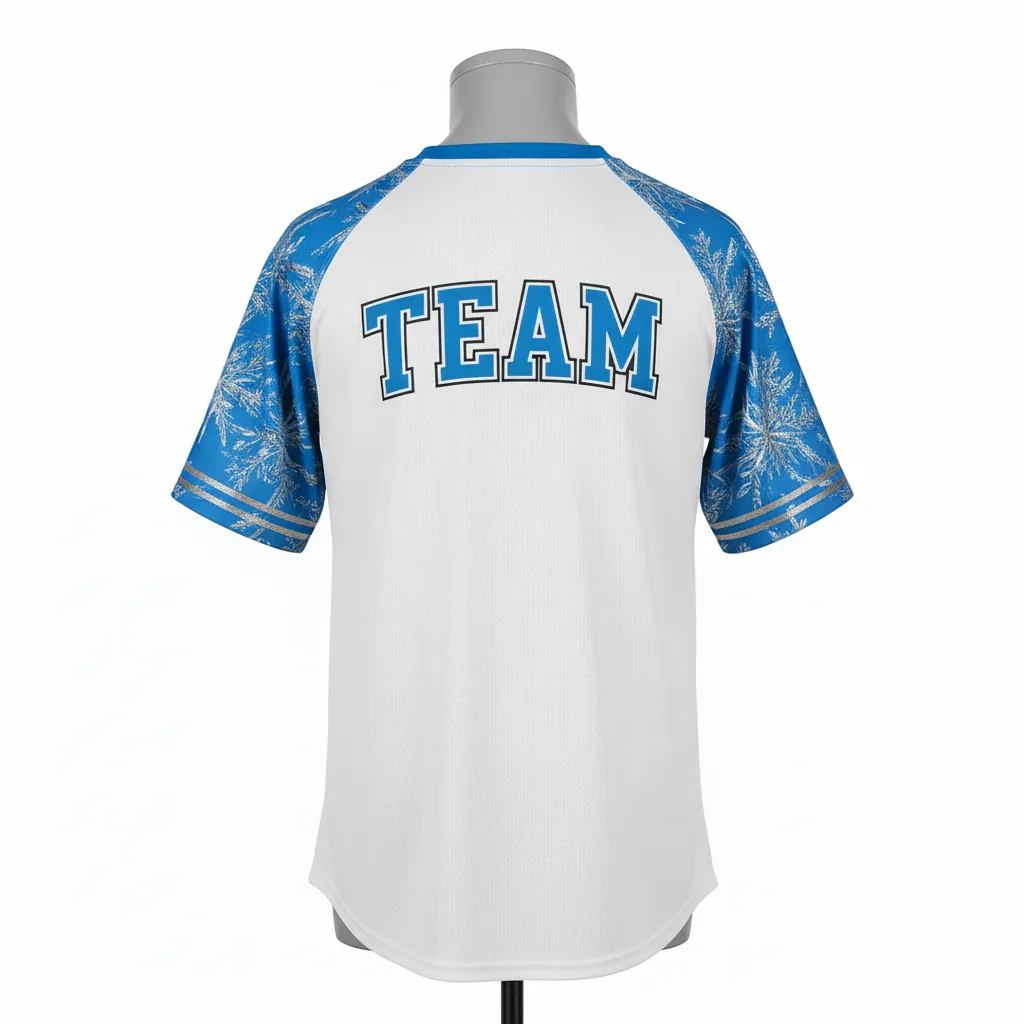 Custom Baseball Round Neck Baseball Jersey - White, Blue, Silver - Roundneck Arctic Ice Crystal Block - Back View - HAMCO Sports Inc.